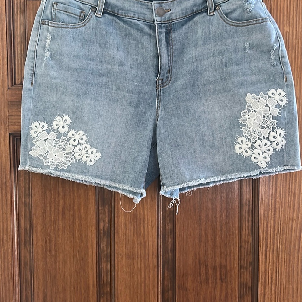 Lane Bryant Blue Jean Shorts with White Floral Accents